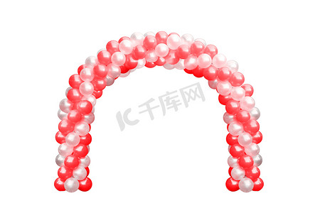 气球拱门红白相间，拱门婚礼，气球节设计装饰元素与拱花设计隔离在白色背景