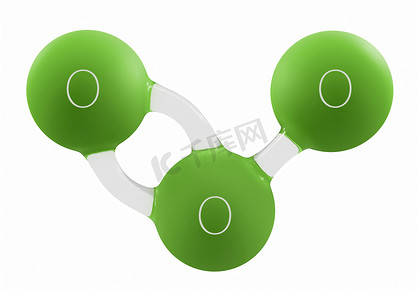 在白色上分离的绿色臭氧分子的 3d 插图