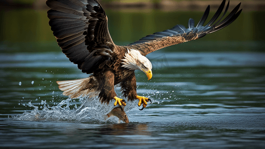老鹰在平静的水面上钓鱼