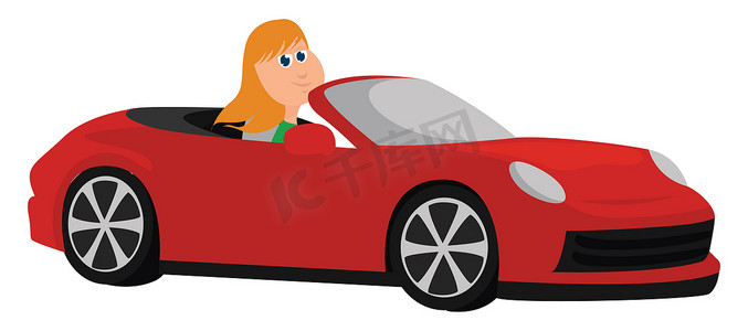 红色汽车中的女孩，插图，白色背景上的矢量