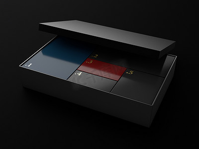 带有五个方框的打开方形黑盒样机的 3d 插图