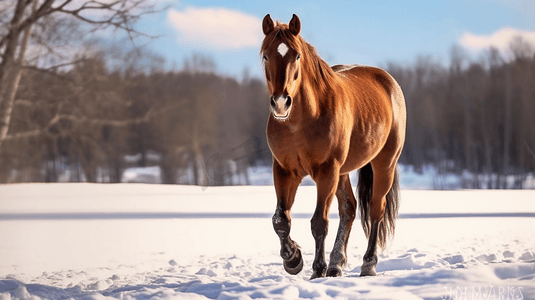 白天白雪覆盖的地面上的棕马