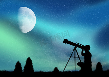 男人用望远镜看北极光