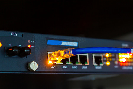 与服务器机房交换机端口的蓝色电缆网络连接