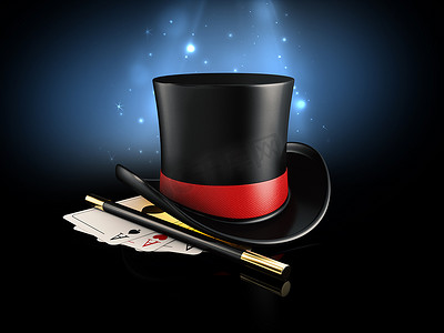 3d 渲染魔术帽与闪耀、魔杖和扑克牌