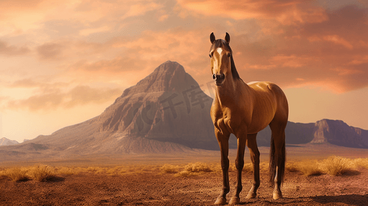 棕色地面上的棕马，以山为背景