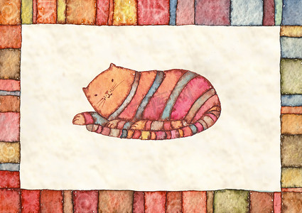条纹猫，水彩插图