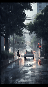 阴雨天的城市街道树木暴雨