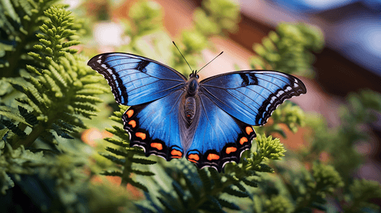 蝴蝶摄影摄影照片_一只黑蓝相间的蝴蝶坐在植物的顶端