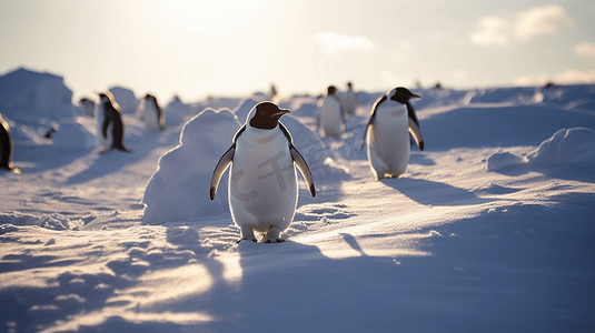 企鹅白天在白雪覆盖的田野上