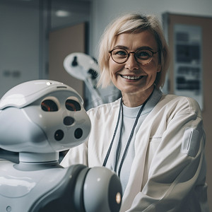 老年医生、机器人和医院通过微笑、自动化和实验室发展实现医疗保健的未来。