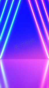 警示反光条摄影照片_霓虹灯背景抽象蓝色和粉色，带光形状，在色彩缤纷和反光的地板、派对和音乐会概念上对角线。