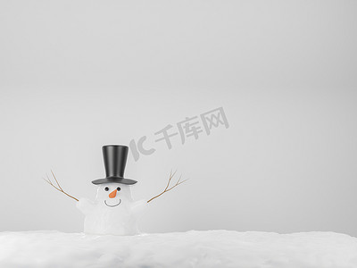 雪人 3D 渲染人物，带有针织帽子和围巾的欢快的白色雪人，白色背景的卡通插图。