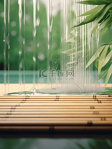 竹背景图片_电商空景镜头背景绿色竹子水流竹板展台