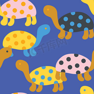 手绘无缝图案与可爱的海龟龟，黄色蓝色印花为儿童托儿所装饰，有趣的动物与圆点贝壳，简单简约的风格，用于纺织包装纸。
