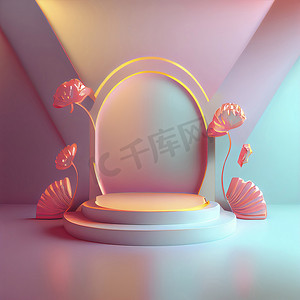 花环摄影照片_豪华讲台 3D 插图，具有优雅的粉红色和抽象花环装饰，用于产品展示