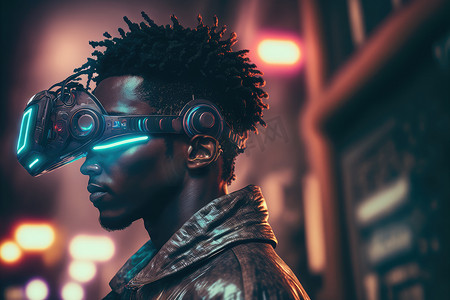 戴着虚拟现实护目镜的非洲男子站在虚拟世界背景中
