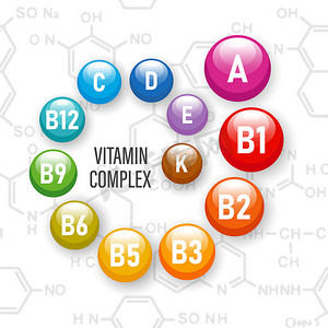 健康营养维生素复合物。化学公式背景下维生素图标的说明。