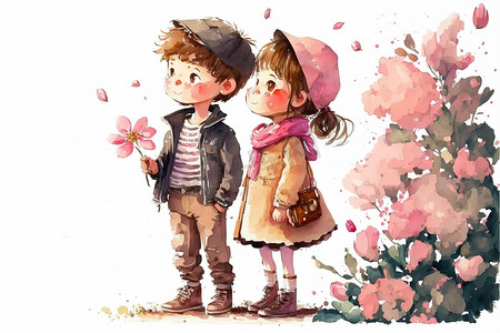 可爱的男孩和女孩相爱在浪漫的情人节手绘卡通风格