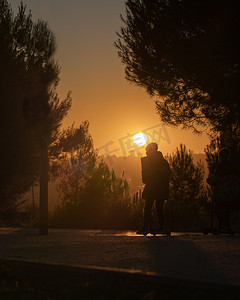 日落时，一个男孩在大自然的树林中骑着摩托车在阳光下奔跑的剪影。