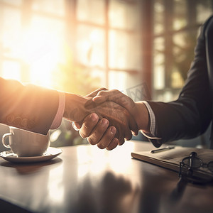 商务人士、夜间握手和合作，进行 B2B、办公室企业招聘交易或协议。