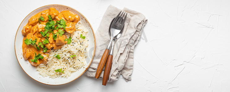 传统印度菜鸡肉咖喱配印度香米和新鲜香菜，放在质朴的白盘上，放在白色混凝土桌背景上。