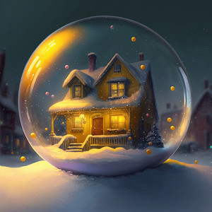 一栋小房子，玻璃球里有发光的窗户，新年博览会，玩具