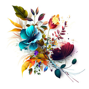 原创花卉设计，带有异国情调的花朵和热带树叶。