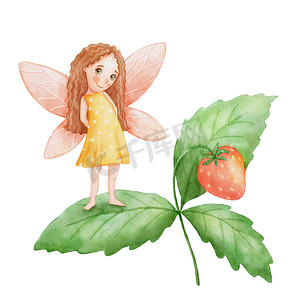可爱的小仙女站在草莓叶上。