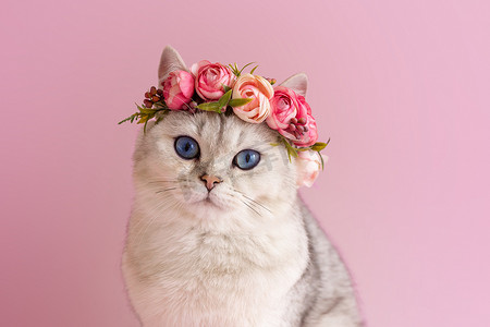 英国猫摄影照片_粉红色背景中戴着花冠的美丽白色英国猫