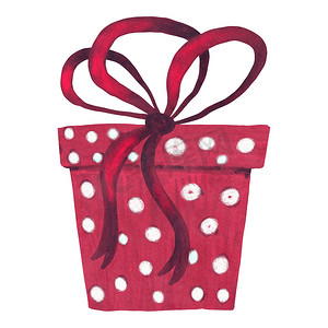 红色丝带手绘摄影照片_手绘插图红色礼品盒与丝带蝴蝶结。