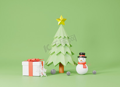 雪人海报背景摄影照片_新年快乐，圣诞节快乐，美丽的圣诞树，礼盒和雪人节日贺卡