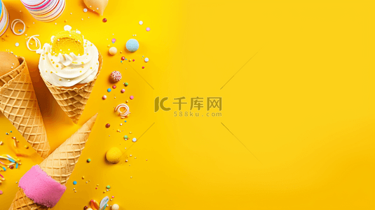 冰淇淋美食背景图片_夏天冰淇淋甜点明黄色背景