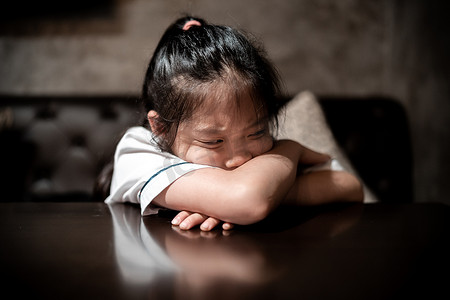 熊猫卡通表情包摄影照片_有悲伤和压力大的面部表情的抑郁儿童