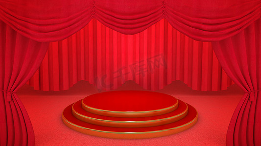 红色剧院窗帘背景上的红色和金色舞台。，3D 渲染。