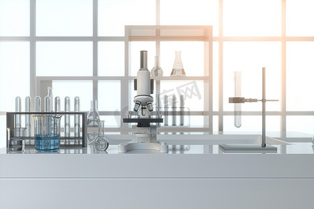 具有空实验室、白色背景、3d 渲染的实验仪器。