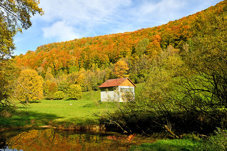 德国有小溪和小屋的秋季彩绘森林
