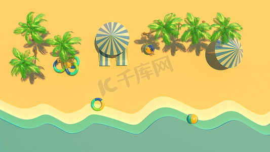 沙滩元素插画摄影照片_3d 渲染，3d 插画，黄色沙滩有棕榈树和天篷床。