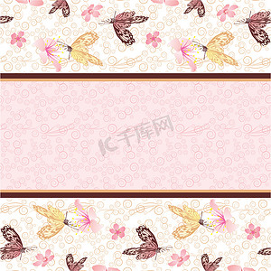 粉红色的花朵和蝴蝶图案与清晰的空白矢量