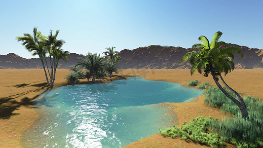 3d 插图 — 沙漠中的绿洲，深蓝色清澈的水，周围环绕着棕榈树和沙丘，在炎热的一天