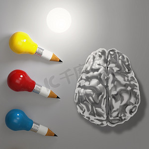 大脑发展摄影照片_以金属大脑为概念的 3d 铅笔灯泡