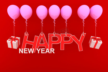 新年快乐概念，红色剪纸和白色礼盒，红色背景粉色气球上的红丝带。，3D 渲染