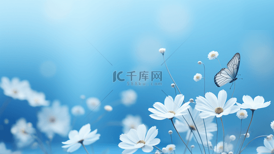 白色樱花和蝴蝶蓝色清新梦幻花草背景
