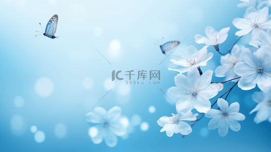 白色樱花和蝴蝶蓝色清新梦幻花草背景