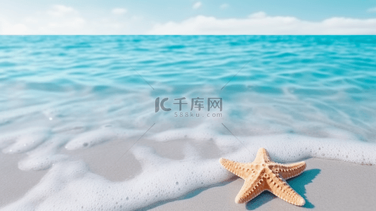 蓝色海浪沙滩背景图片_沙滩上的海星蓝色海水背景