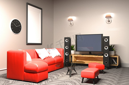 卡拉 OK 室 现代红色风格，配有电视和扬声器。 