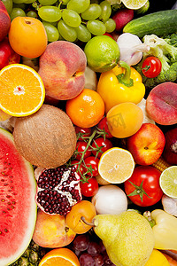 葡萄石榴摄影照片_大量的新鲜蔬菜和水果
