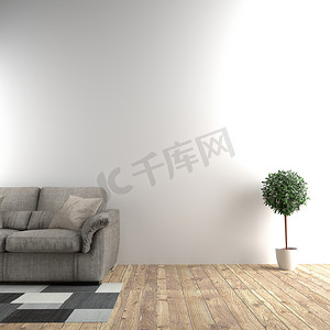沙发和植物旁边的白色房间在空墙背景中。 