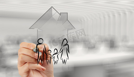 手绘 3d 房子与家庭图标作为保险概念
