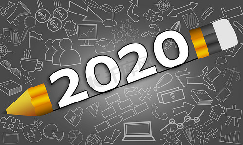 2020年新年在铅笔、商业规划概念之间